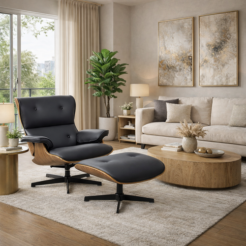 Butaca con ottoman AMERICA, madera, metal, similpiel negra