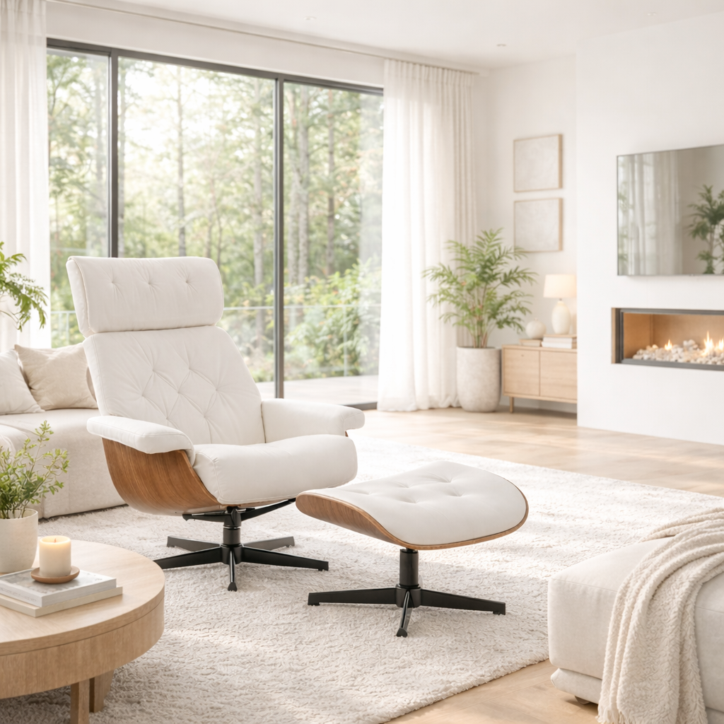 Butaca con ottoman EUROPA, madera, metal, similpiel blanca