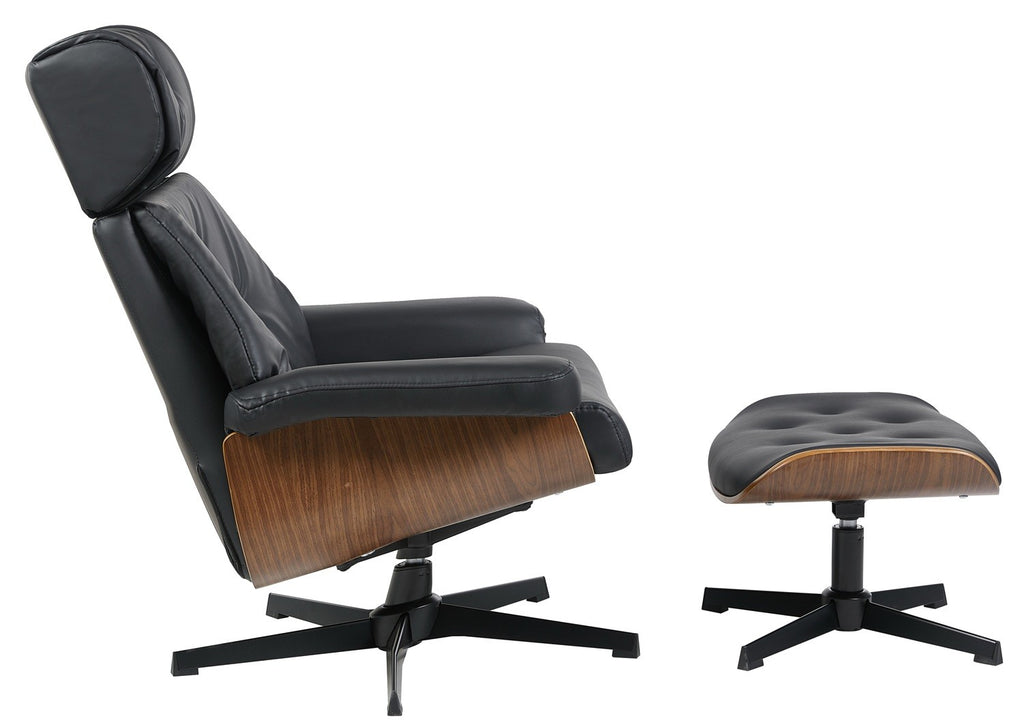 Butaca con ottoman EUROPA, madera, metal, similpiel negra