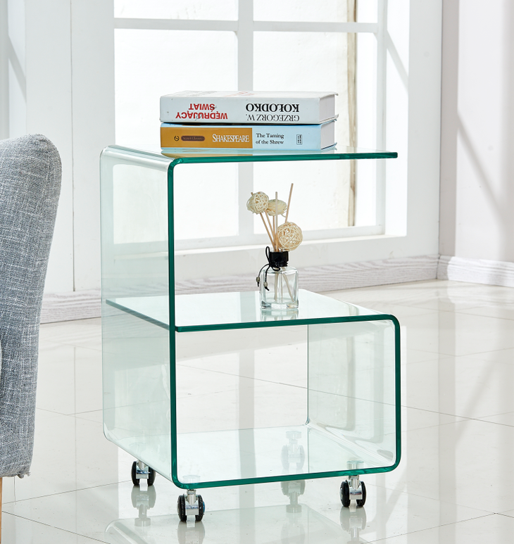 Mesa ABIGAIL, ruedas, cristal transparente, 40 x 40 cms