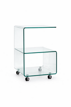 Mesa ABIGAIL, ruedas, cristal transparente, 40 x 40 cms