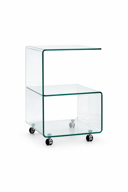 Mesa ABIGAIL, ruedas, cristal transparente, 40 x 40 cms