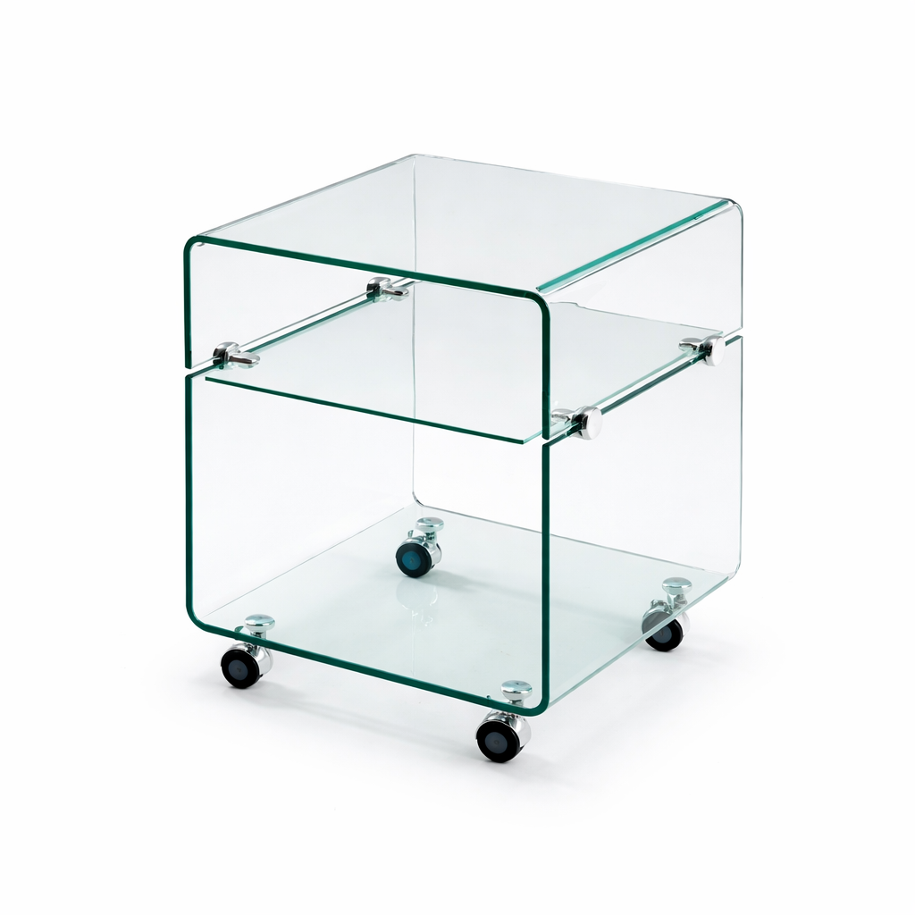 Mesa ARMSTRONG, baja, ruedas, cristal curvado, 40 x 40 cms