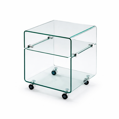Mesa ARMSTRONG, baja, ruedas, cristal curvado, 40 x 40 cms