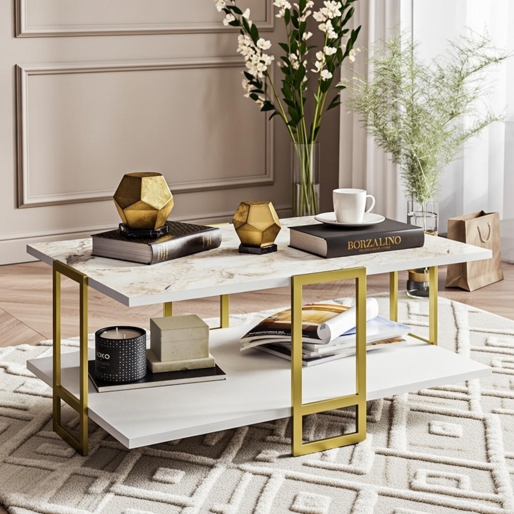 Mesa baja SIENA, bilaminado mármol blanco, con metal dorado 91,5 cms.