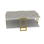 Mesa baja SIENA, bilaminado mármol blanco, con metal dorado 91,5 cms.