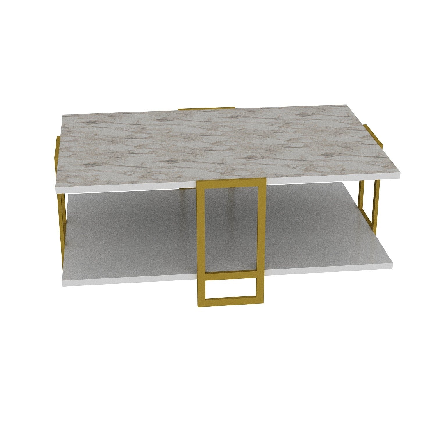 Mesa baja SIENA, bilaminado mármol blanco, con metal dorado 91,5 cms.