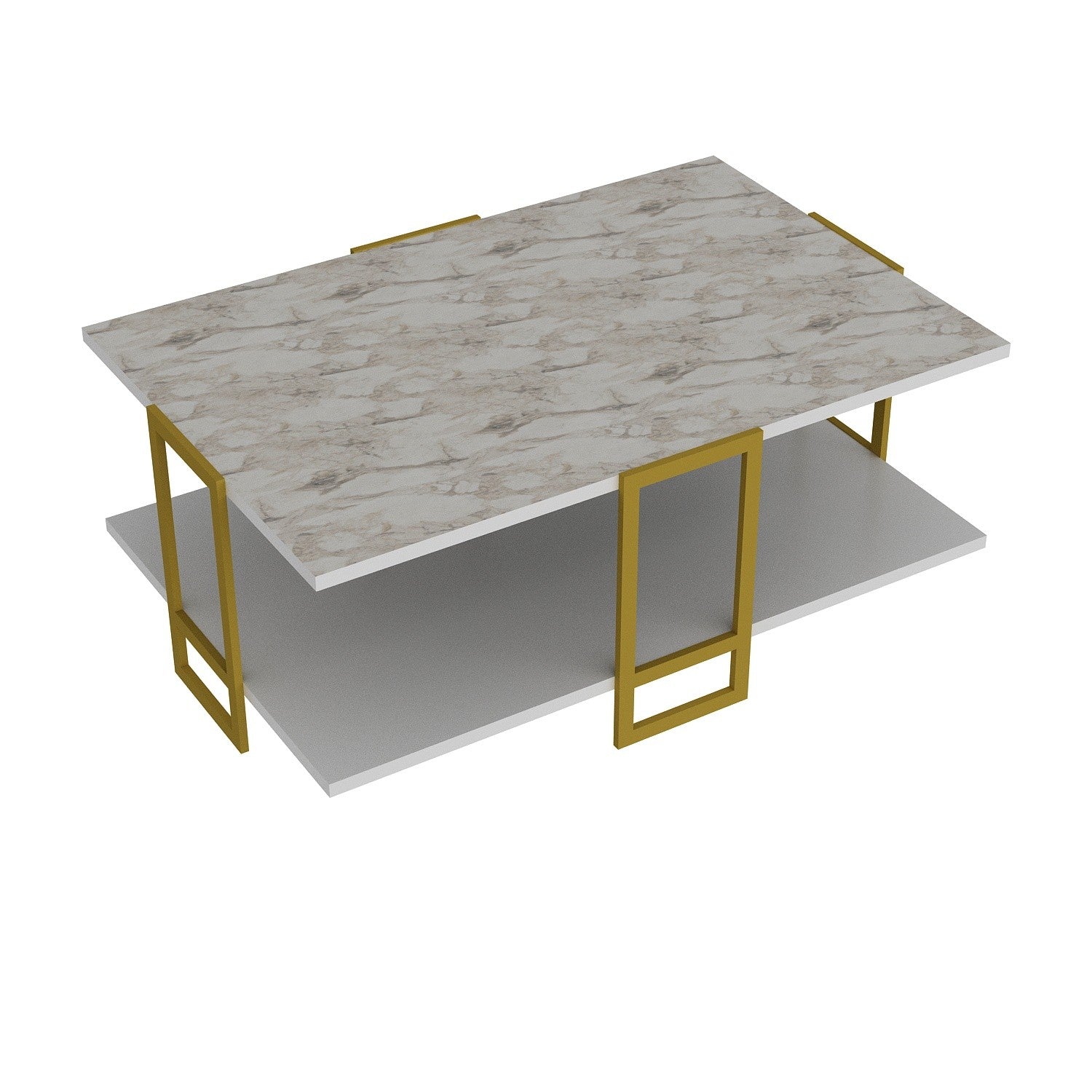Mesa baja SIENA, bilaminado mármol blanco, con metal dorado 91,5 cms.