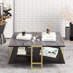 Mesa baja SIENA, bilaminado mármol negro, con metal dorado 91,5 cms.