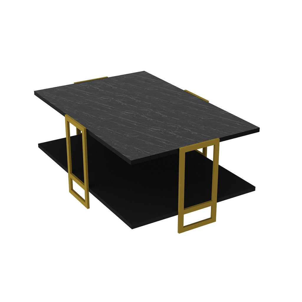 Mesa baja SIENA, bilaminado mármol negro, con metal dorado 91,5 cms.