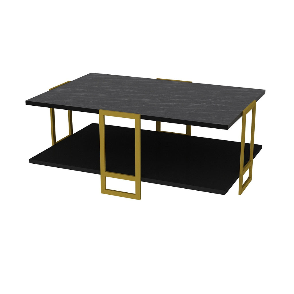 Mesa baja SIENA, bilaminado mármol negro, con metal dorado 91,5 cms.