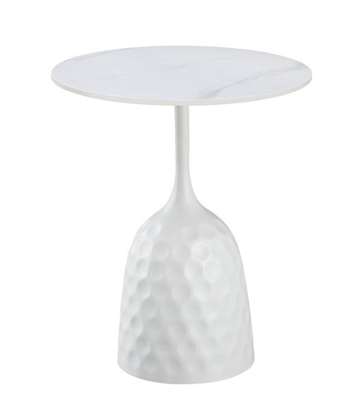 Mesa CAVEZZO, baja, blanca, tapa cerámica mármol blanco, 50 cms de diámetro