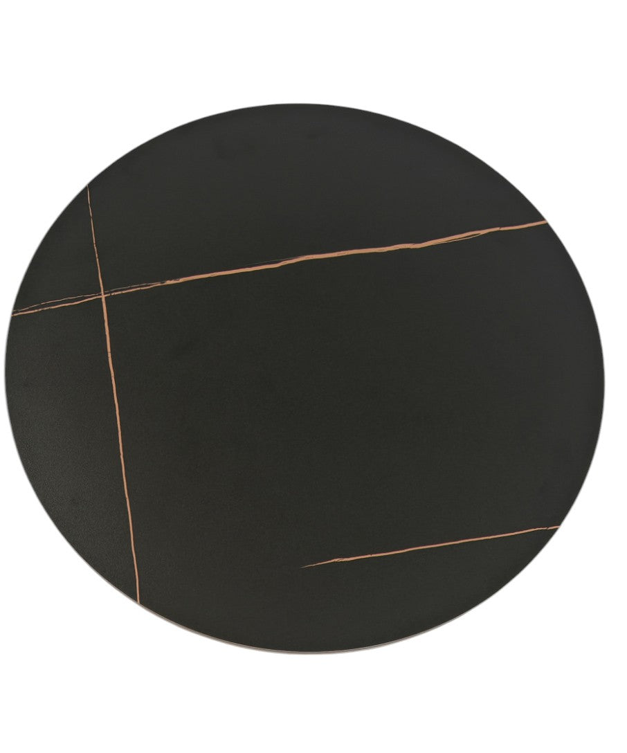 Mesa CAVEZZO, baja, negra, tapa cerámica mármol negro, 50 cms de diámetro