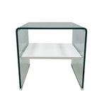 Mesa CORIN, cristal curvado, estante blanco 50x45 cms