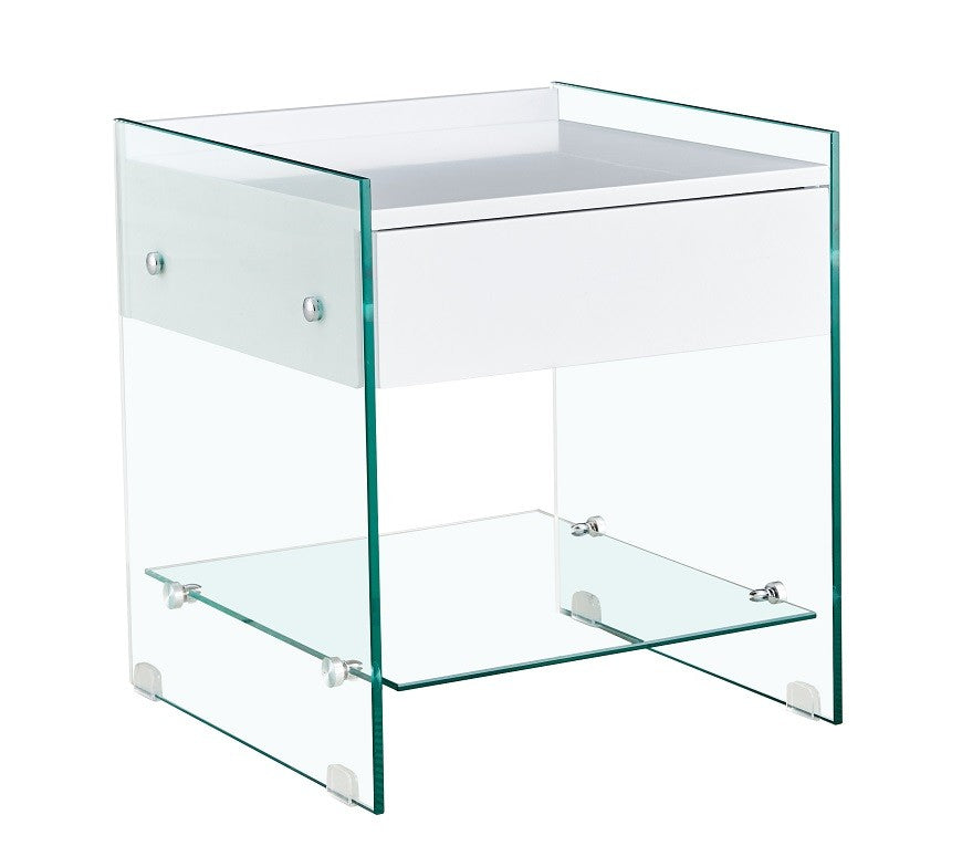 Mesa DARLING, cristal templado, cajón blanco, 45 x 45 cms