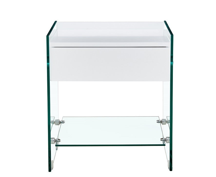 Mesa DARLING, cristal templado, cajón blanco, 45 x 45 cms