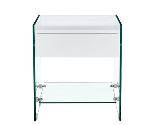 Mesa DARLING, cristal templado, cajón blanco, 45 x 45 cms
