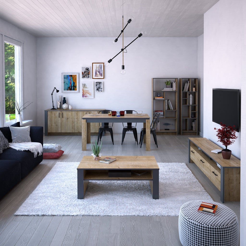Mesa de comedor PHILIPPA, bilaminado roble con gris oscuro, 160 x 80 cms.