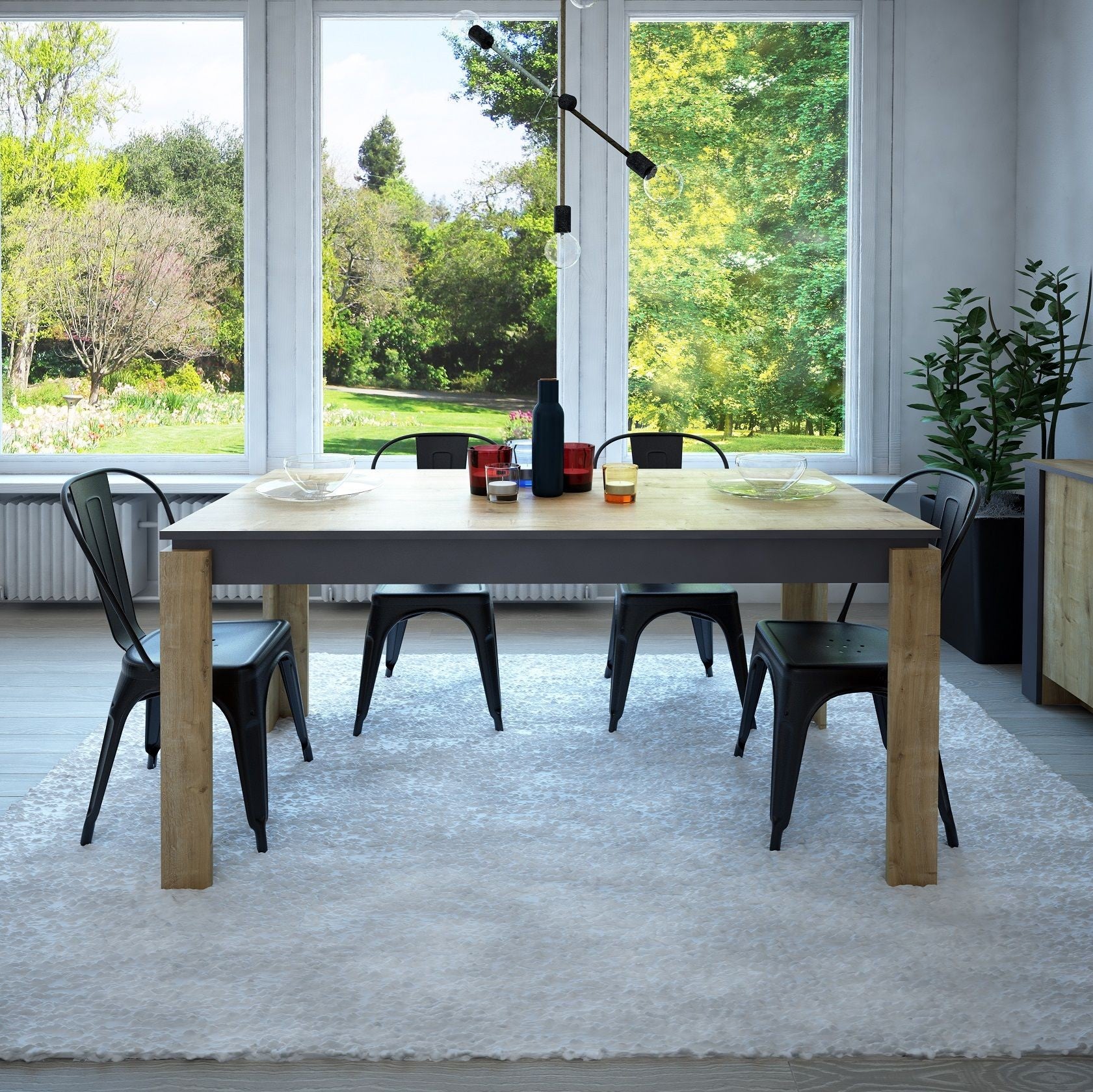 Mesa de comedor PHILIPPA, bilaminado roble con gris oscuro, 160 x 80 cms.