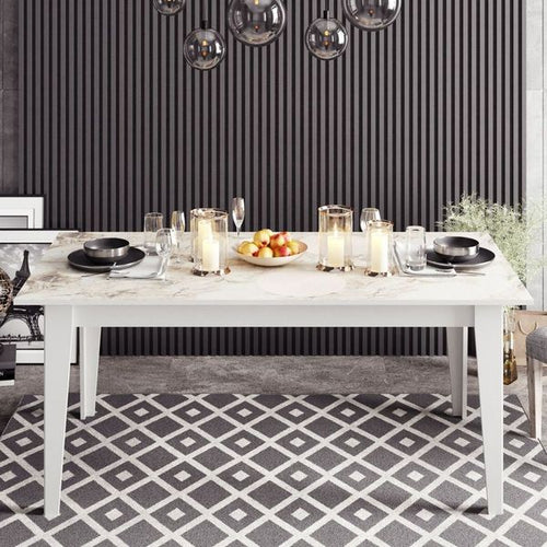 Mesa de comedor SIENA, bilaminado mármol blanco, 180 x 90 cms.