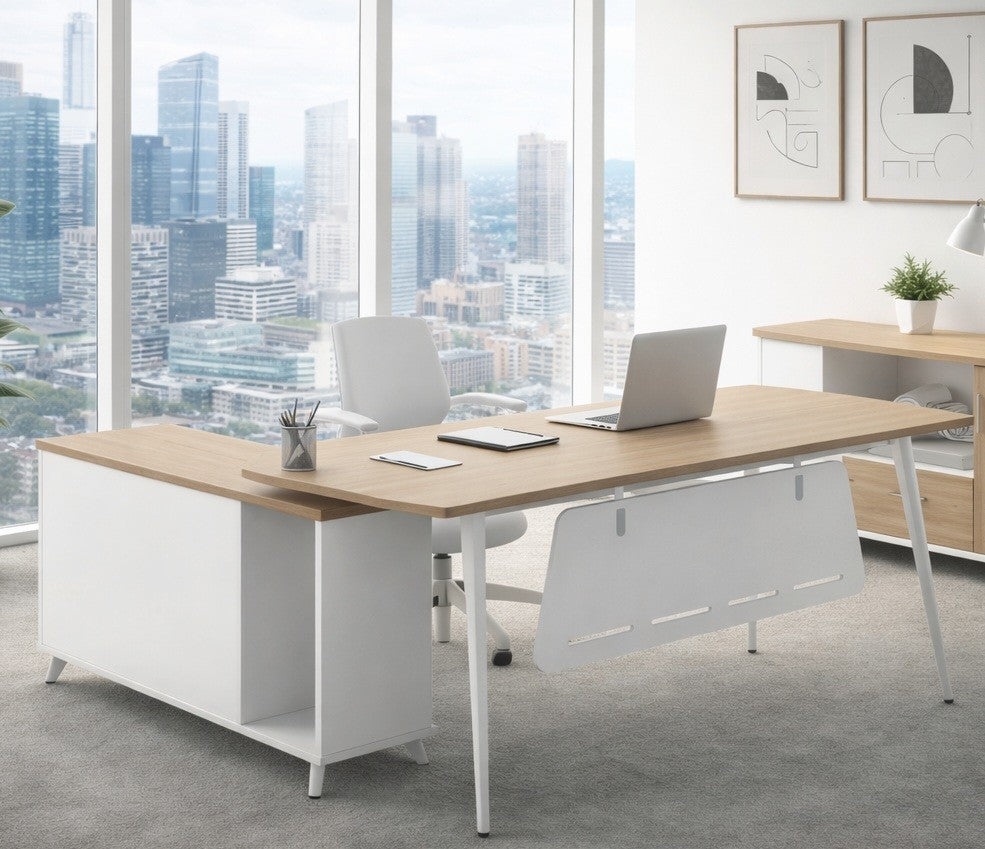 Mesa de oficina AREZZO 180, con mueble auxiliar, blanco y roble, 180 x 176,5 cms