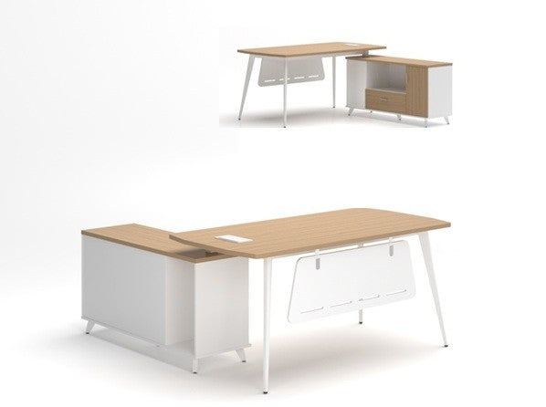 Mesa de oficina AREZZO 180, con mueble auxiliar, blanco y roble, 180 x 176,5 cms