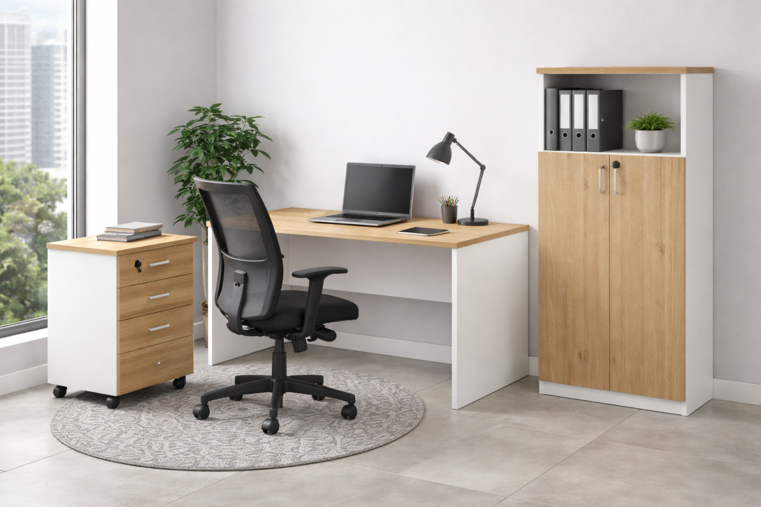 Mesa de oficina VOLPI 120, blanco y roble, 120 x 70 cms