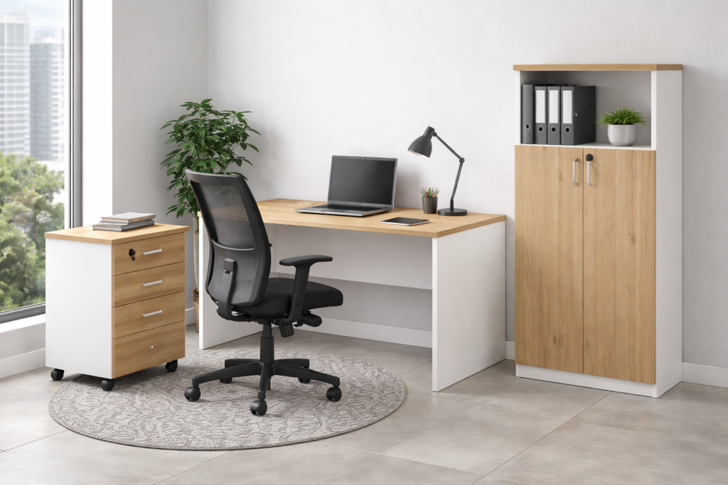 Mesa de oficina VOLPI 140, blanco y roble, 140 x 70 cms