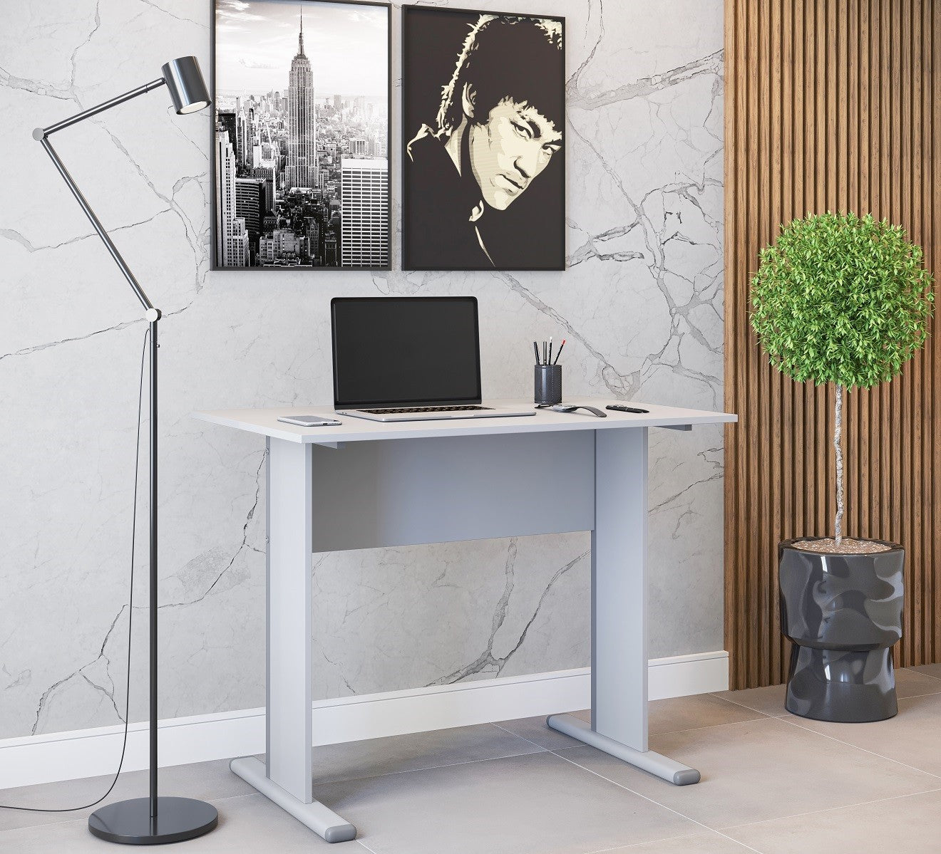 Mesa de oficina WORK, metal, bilaminado color platino 90 x 60 cms