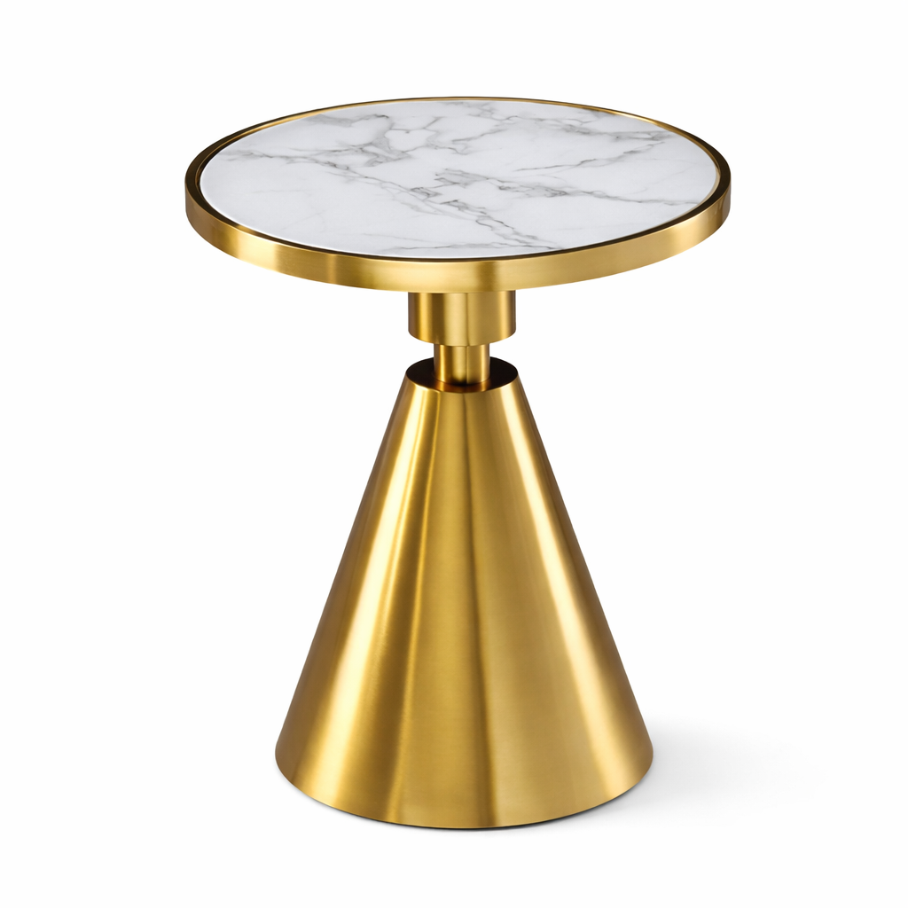 Mesa JASSY BL, baja, dorada, tapa cerámica mármol blanco, 50 cms de diámetro