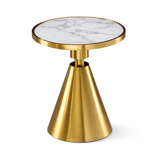 Mesa JASSY BL, baja, dorada, tapa cerámica mármol blanco, 50 cms de diámetro