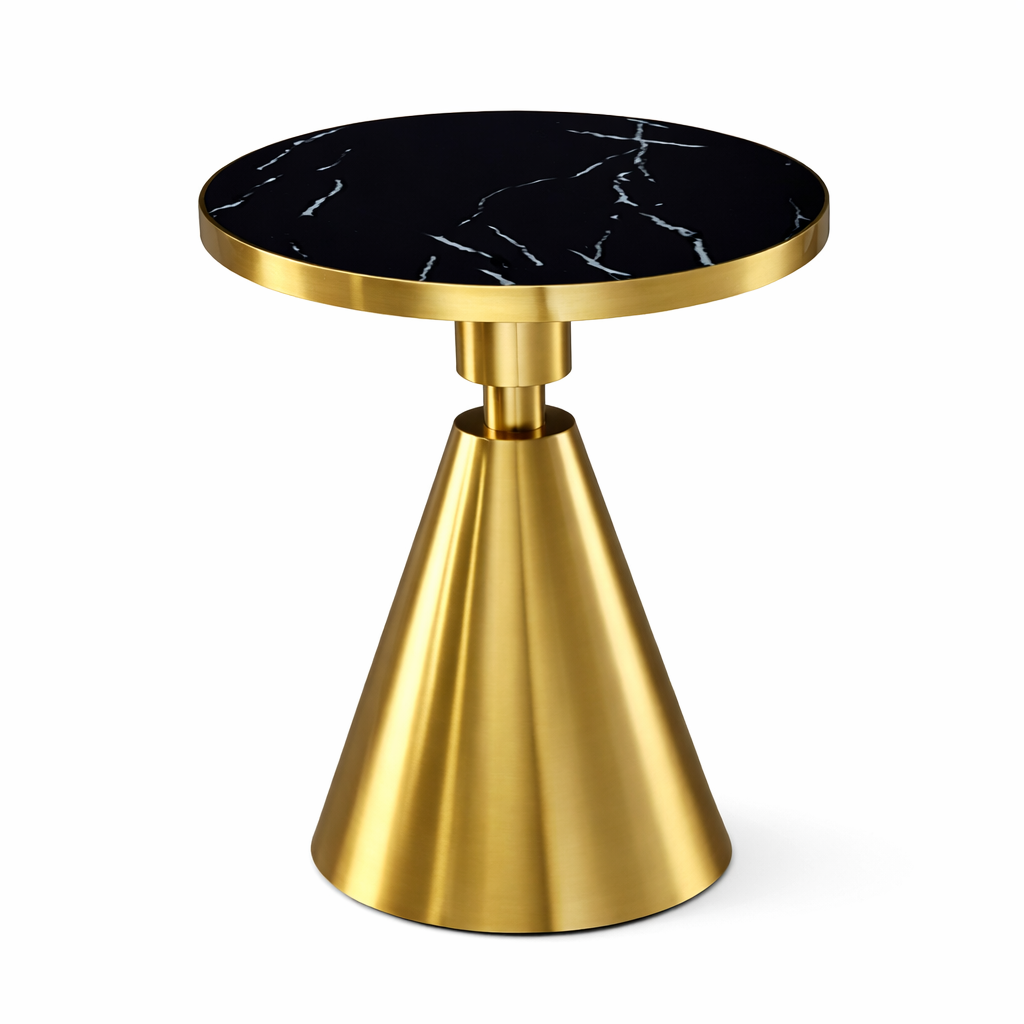Mesa JASSY NE, baja, dorada, tapa cerámica mármol negro, 50 cms de diámetro