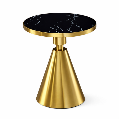 Mesa JASSY NE, baja, dorada, tapa cerámica mármol negro, 50 cms de diámetro