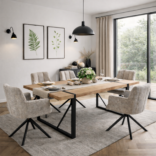 Mesa JENA, metal negro, tapa DM bilaminado roble claro, 180 x 90 cms