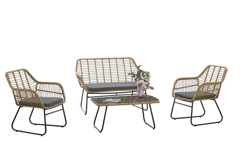 Mesa KROYA, baja, metal, ratán, cristal, 93 x 53 cms