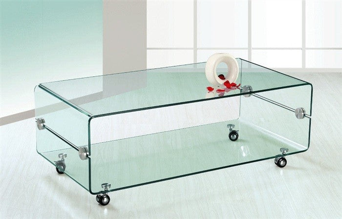 Mesa MELBOURNE, cristal curvado, ruedas, 120x60 cms