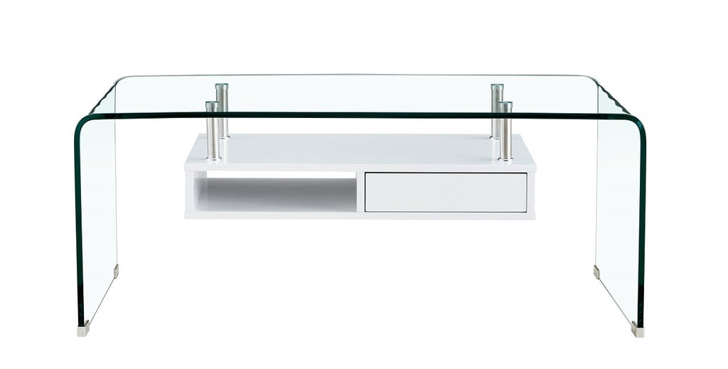 Mesa NEWARK, baja, estante blanco, cristal curvado, 110 x 60 cms
