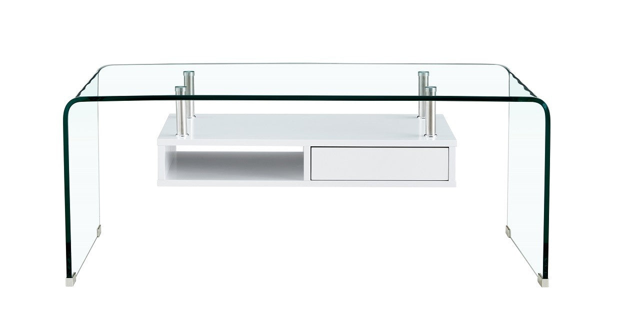 Mesa NEWARK, baja, estante blanco, cristal curvado, 110 x 60 cms