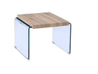 Mesa OSIRIS, baja, madera, cristal curvado, 55x55 cms