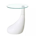 Mesa PEAR, baja, blanca, cristal, 50 cms de diámetro