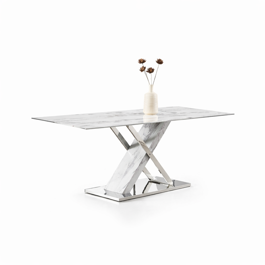 Mesa SIGRID, acero inoxidable, DM, tapa de cristal templado, 160 x 80 cms