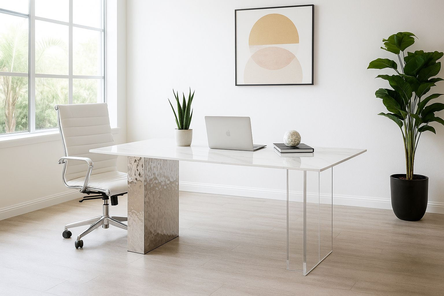 Mesa VENETO, acero inoxidable, acrílico, tapa de cerámica, 160 x 90 cms