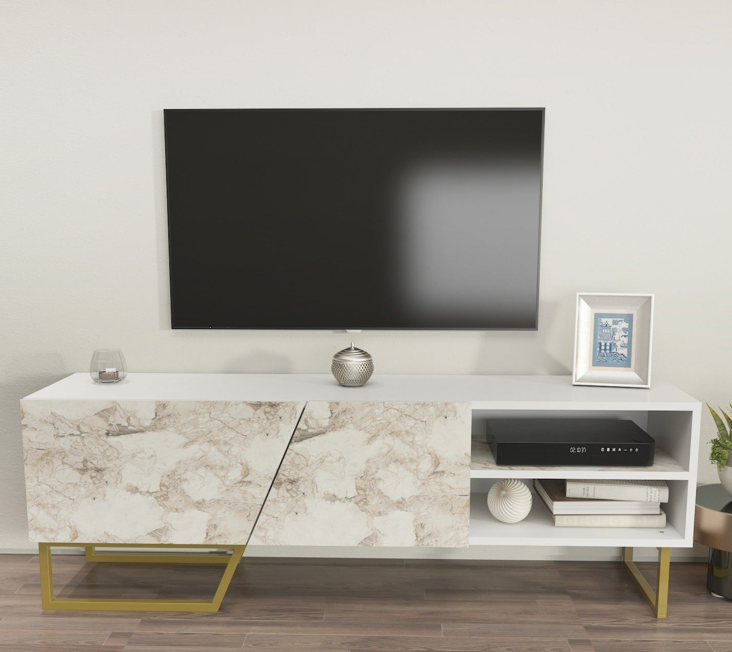 Mueble de TV MARCUS, bilaminado mármol blanco, 150 cms.