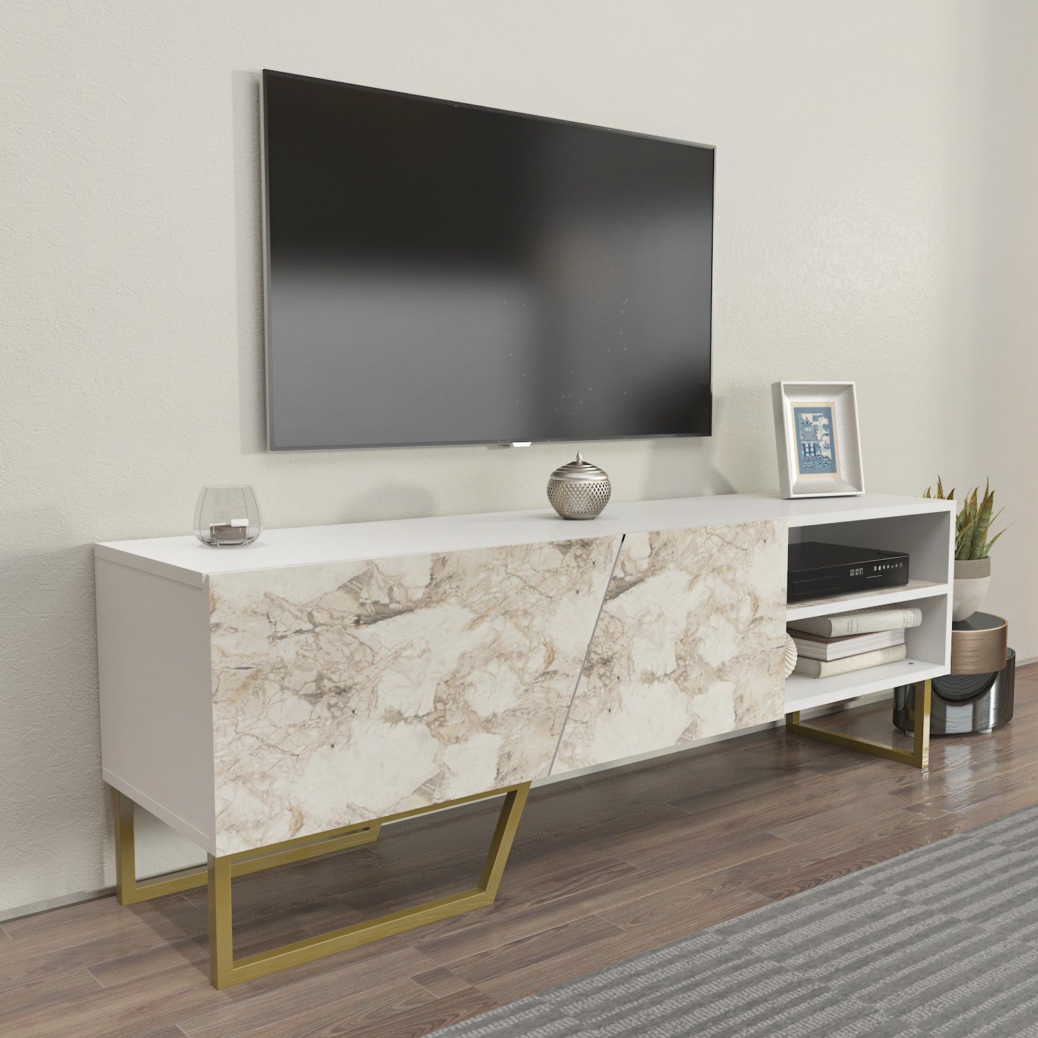 Mueble de TV MARCUS, bilaminado mármol blanco, 150 cms.