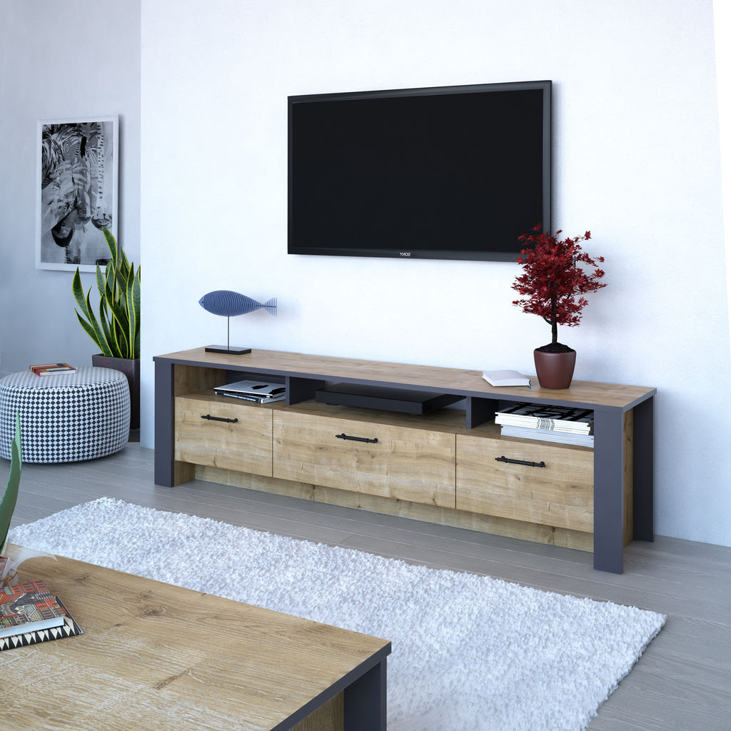 Mueble de TV PHILIPPA, bilaminado roble con gris oscuro, 180 cms.