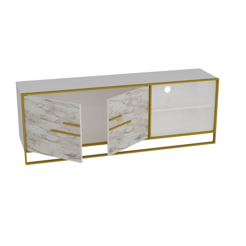 Mueble de TV SIENA, bilaminado mármol blanco con metal dorado, 160 cms.