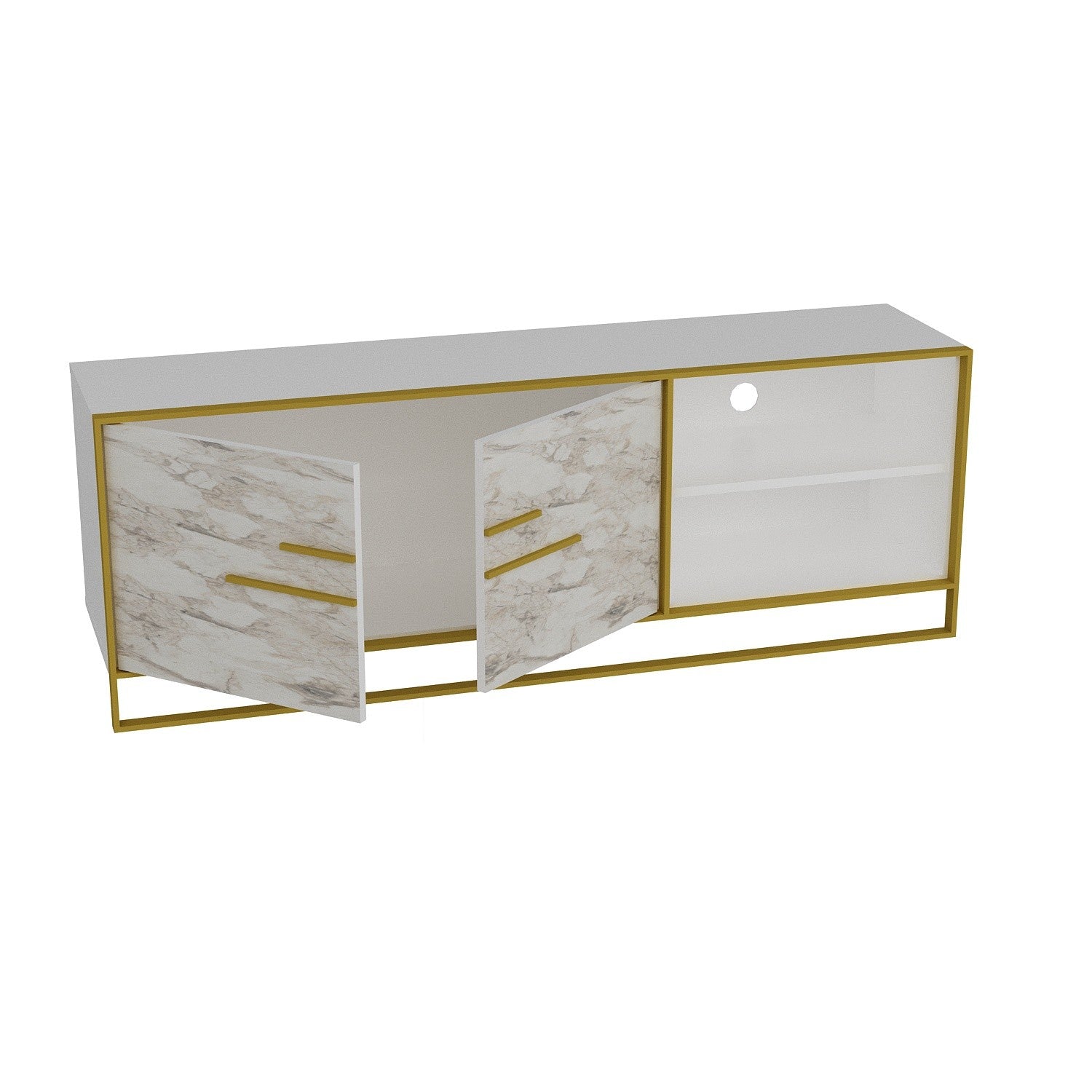Mueble de TV SIENA, bilaminado mármol blanco con metal dorado, 160 cms.