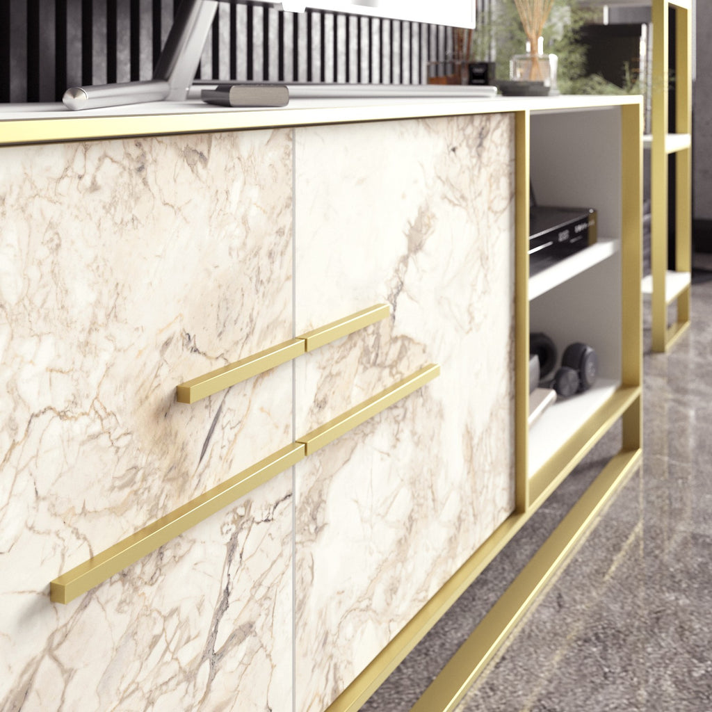 Mueble de TV SIENA, bilaminado mármol blanco con metal dorado, 160 cms.