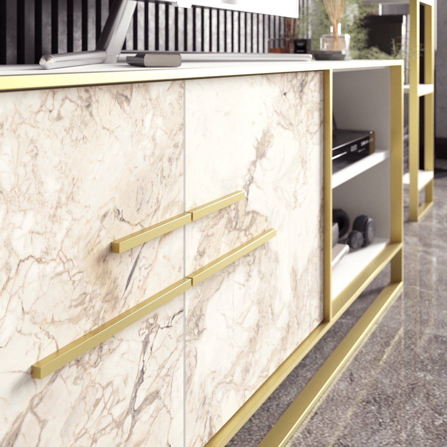 Mueble de TV SIENA, bilaminado mármol blanco con metal dorado, 160 cms.