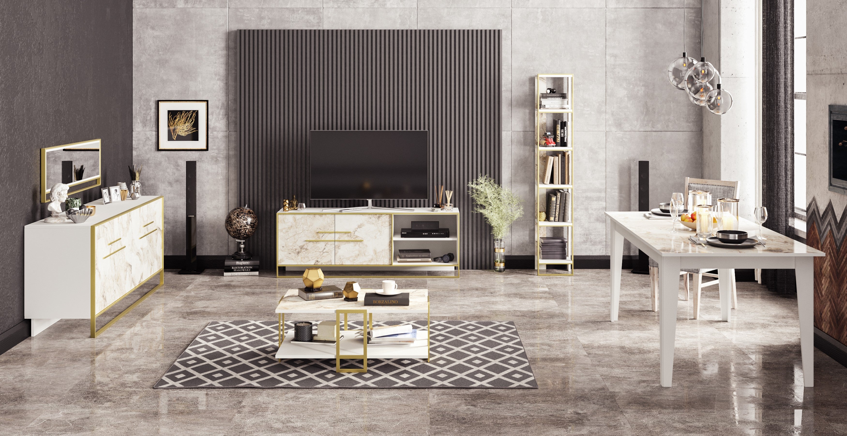 Mueble de TV SIENA, bilaminado mármol blanco con metal dorado, 160 cms.
